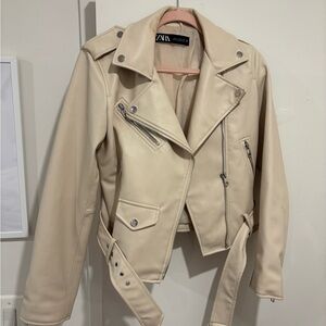 Zara Cream Women's Biker leather Jacket